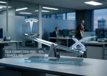 Balanza de cristal con logos Tesla y X en oficina. Recuadro sobre riesgo de TSLA y OPI.