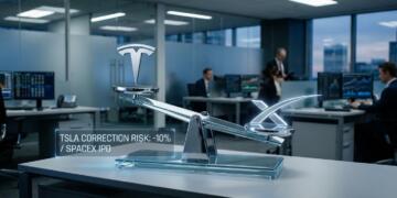 Balanza de cristal con logos Tesla y X en oficina. Recuadro sobre riesgo de TSLA y OPI.