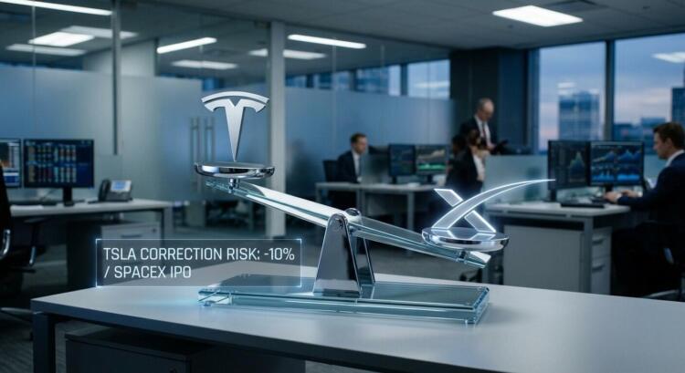 Balanza de cristal con logos Tesla y X en oficina. Recuadro sobre riesgo de TSLA y OPI.