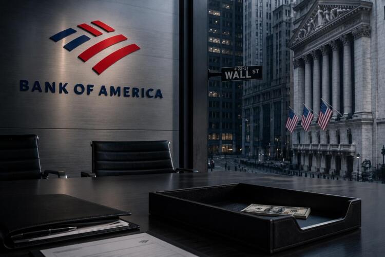 Sala institucional de Bank of America frente a Wall Street vacío.