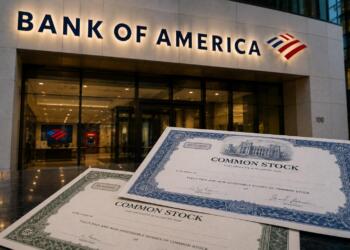 Sucursal de Bank of America con certificados de acciones en primer plano.