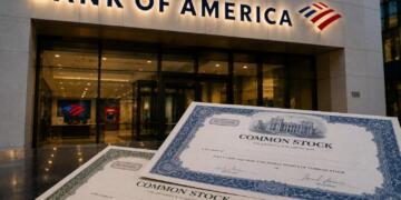 Sucursal de Bank of America con certificados de acciones en primer plano.