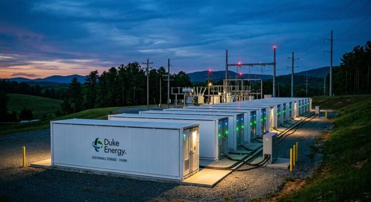 Unidades de batería de Duke Energy de 100MW en una subestación eléctrica con montañas al fondo.