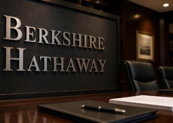 Logo de Berkshire Hathaway en sala ejecutiva con mesa corporativa.