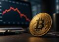 Bitcoin en primer plano con fondo de mercado en caída desenfocado.