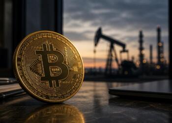 Bitcoin en primer plano con refinería desenfocada al atardecer.