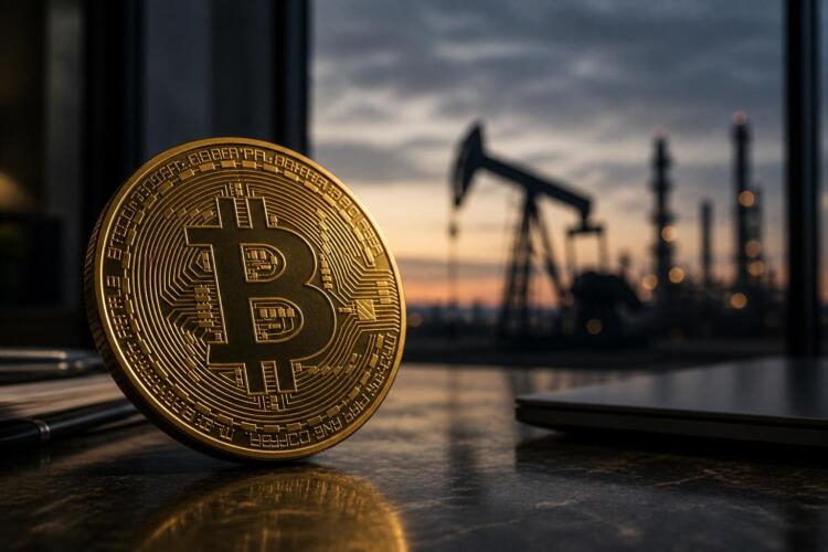 Bitcoin en primer plano con refinería desenfocada al atardecer.