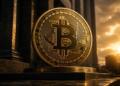 Bitcoin monumental sobre pedestal financiero en entorno institucional.