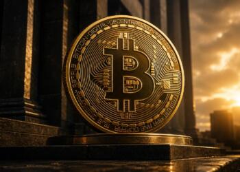 Bitcoin monumental sobre pedestal financiero en entorno institucional.