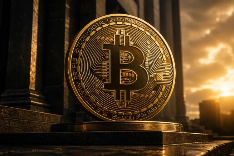 Bitcoin monumental sobre pedestal financiero en entorno institucional.