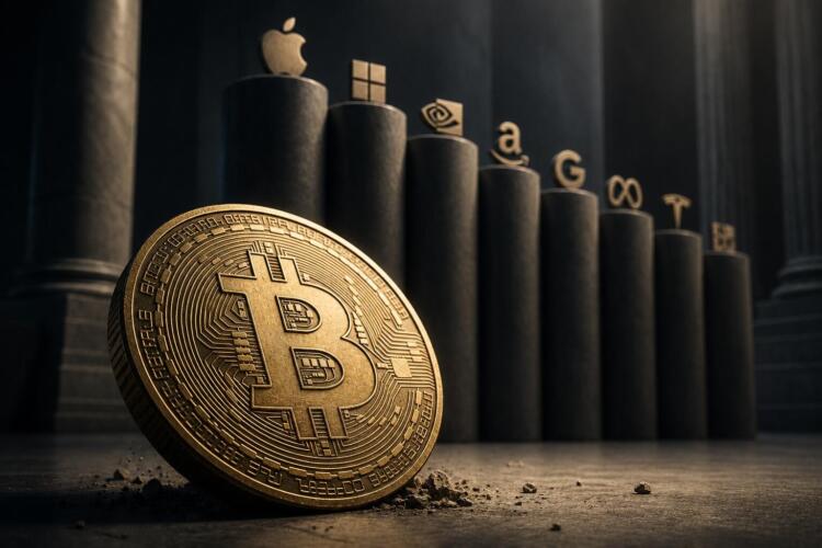 Bitcoin frente a gigantes corporativos en entorno financiero oscuro.