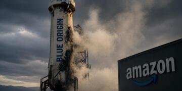 Cohete de Blue Origin junto a referencia sutil de Amazon y humo.