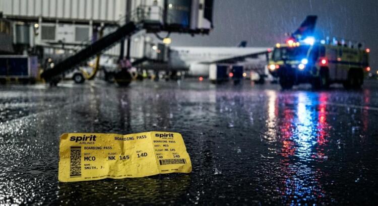 Boleto de Spirit Airlines abandonado bajo la lluvia por crisis de combustible