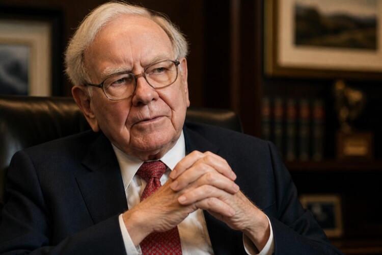 Warren Buffett en oficina con gesto serio y mirada reflexiva.