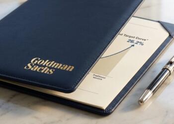 Carpeta azul de Goldman Sachs con logo dorado, abierta mostrando gráfico de 26.2% y pluma.