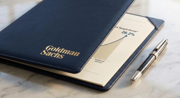Carpeta azul de Goldman Sachs con logo dorado, abierta mostrando gráfico de 26.2% y pluma.