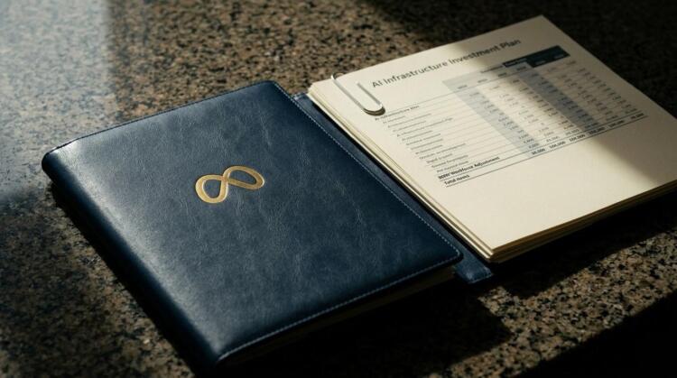 Carpeta de cuero azul con logo dorado de Meta junto a páginas con plan de inversión en IA.