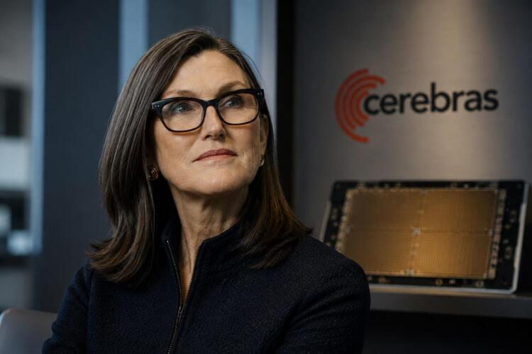 Cathie Wood junto a hardware de IA en entorno tecnológico sobrio.