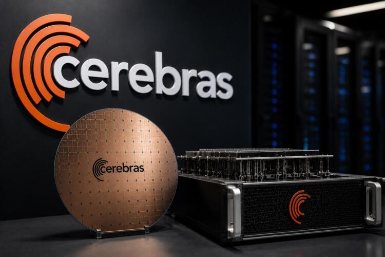 Logo de Cerebras junto a hardware de IA en entorno bursátil.