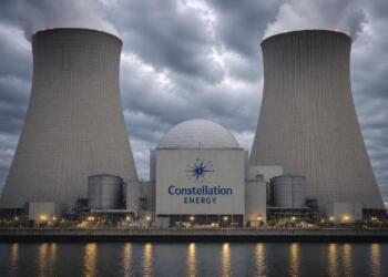 Planta nuclear de Constellation Energy bajo un cielo gris intenso.