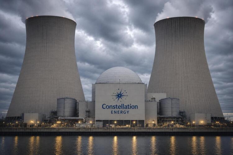 Planta nuclear de Constellation Energy bajo un cielo gris intenso.