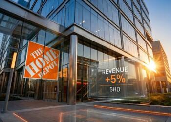 Edificio de vidrio con logo de Home Depot y pantalla digital con "+5% de ingresos" y "$HD".