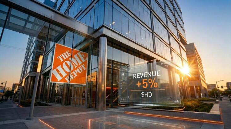 Edificio de vidrio con logo de Home Depot y pantalla digital con "+5% de ingresos" y "$HD".
