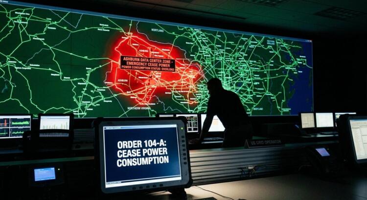 Operador en centro de control mira alerta roja en Ashburn. Primer plano: "Orden 104-A: Cese de energía".