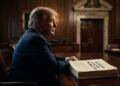 Donald Trump de perfil sentado a mesa de madera con documento de demanda retirada.