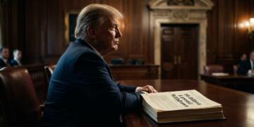 Donald Trump de perfil sentado a mesa de madera con documento de demanda retirada.