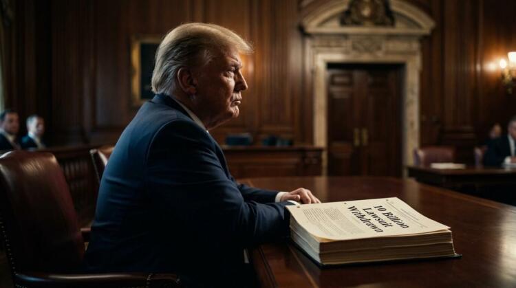 Donald Trump de perfil sentado a mesa de madera con documento de demanda retirada.