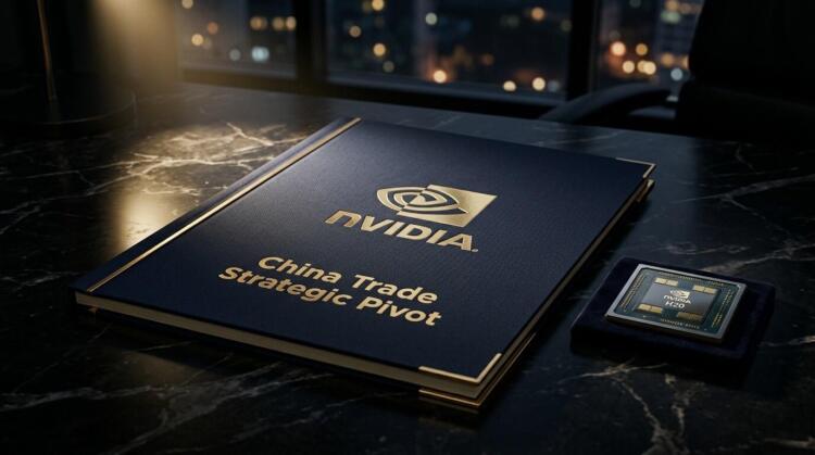 Dossier azul NVIDIA 'China Trade Strategic Pivot' y chip H20 en almohadilla.