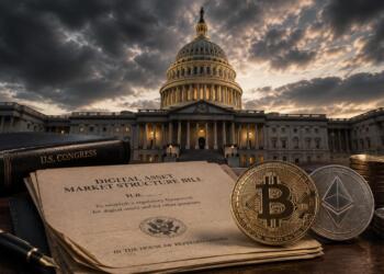 Capitolio de EE. UU. junto a documentos y monedas cripto.