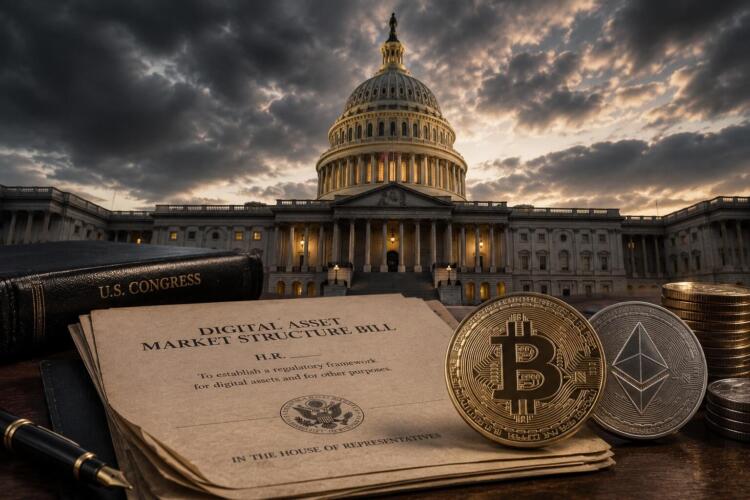 Capitolio de EE. UU. junto a documentos y monedas cripto.
