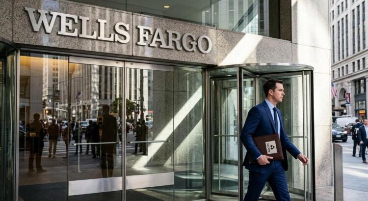 Hombre de traje azul lleva portafolios de Alcoa frente a edificio de Wells Fargo