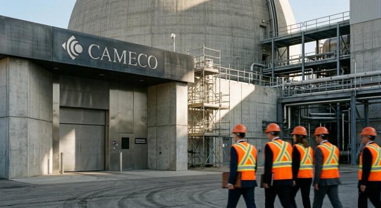 Trabajadores con chalecos naranjas y cascos caminan frente a la entrada de Cameco con una gran estructura de concreto al fondo.