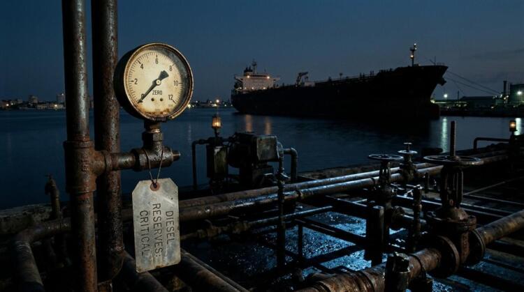Manómetro en cero con etiqueta de 'DIESEL RESERVES: CRITICAL' y buque cisterna al fondo en cuba .