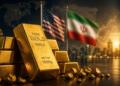 Lingotes de oro frente a referencias geopolíticas entre EE. UU. e Irán.