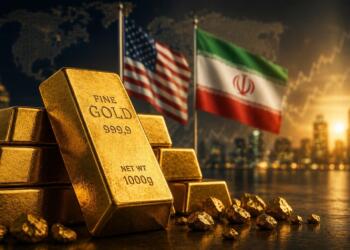 Lingotes de oro frente a referencias geopolíticas entre EE. UU. e Irán.