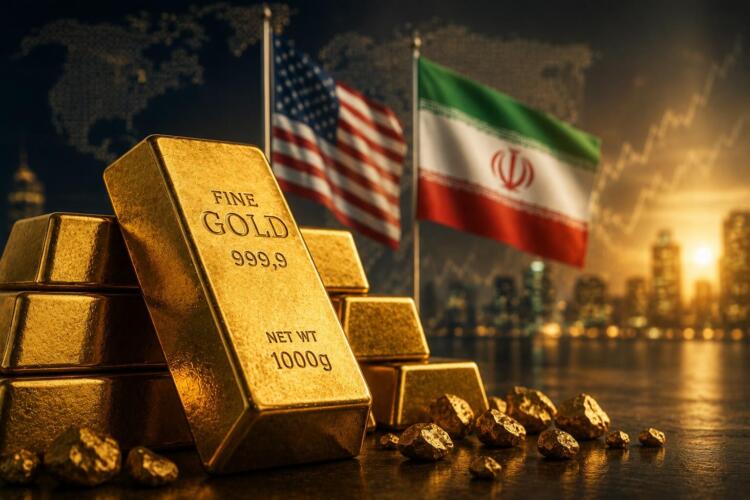 Lingotes de oro frente a referencias geopolíticas entre EE. UU. e Irán.