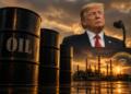Barriles de petróleo frente a figura política y refinería industrial.