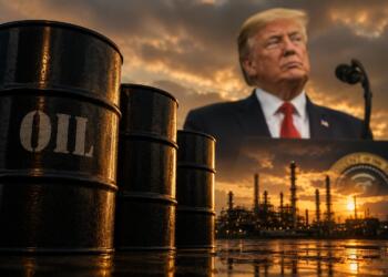 Barriles de petróleo frente a figura política y refinería industrial.