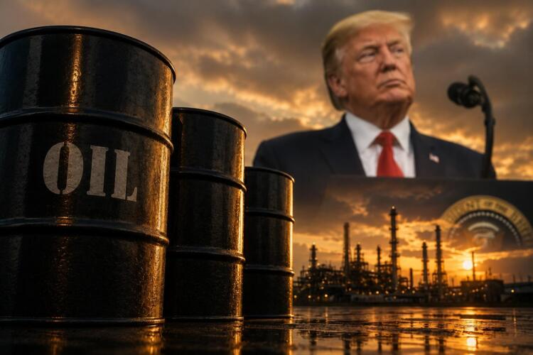 Barriles de petróleo frente a figura política y refinería industrial.