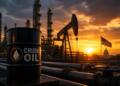 Refinería con bombeo petrolero al atardecer y contexto geopolítico.