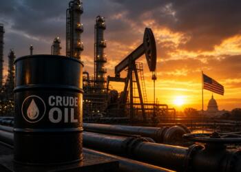 Refinería con bombeo petrolero al atardecer y contexto geopolítico.