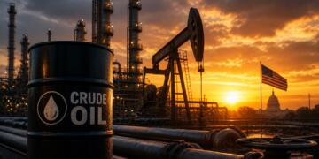 Refinería con bombeo petrolero al atardecer y contexto geopolítico.