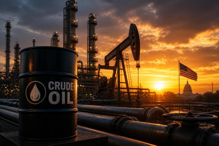 Refinería con bombeo petrolero al atardecer y contexto geopolítico.
