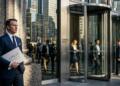 Retrato de un empresario de AMD parado frente a las puertas giratorias del Goldman Sachs building en Nueva York.