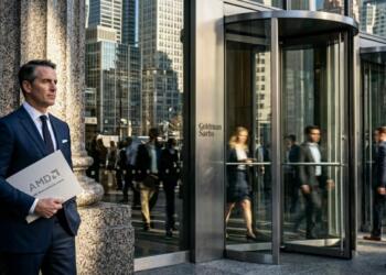 Retrato de un empresario de AMD parado frente a las puertas giratorias del Goldman Sachs building en Nueva York.