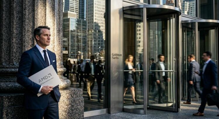 Retrato de un empresario de AMD parado frente a las puertas giratorias del Goldman Sachs building en Nueva York.